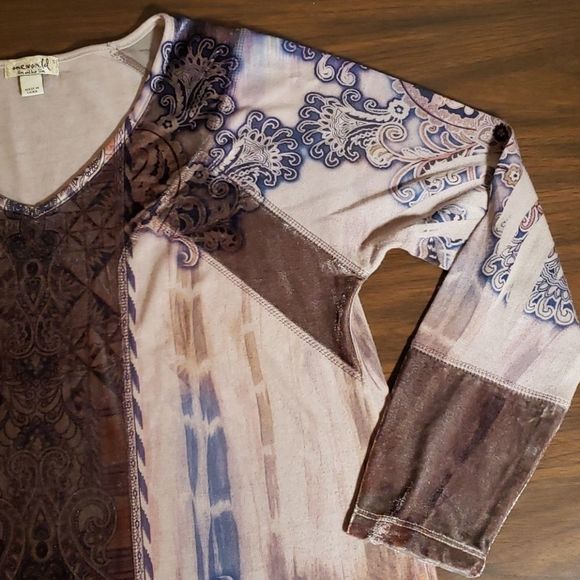 One World Velour & Polyester Boho V-Neck Shirt S - Picture 3 of 15